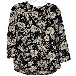 fun2fun Floral Print‎ Blouse Black Red White 3/4 Sleeve V Neck Pleated Front S